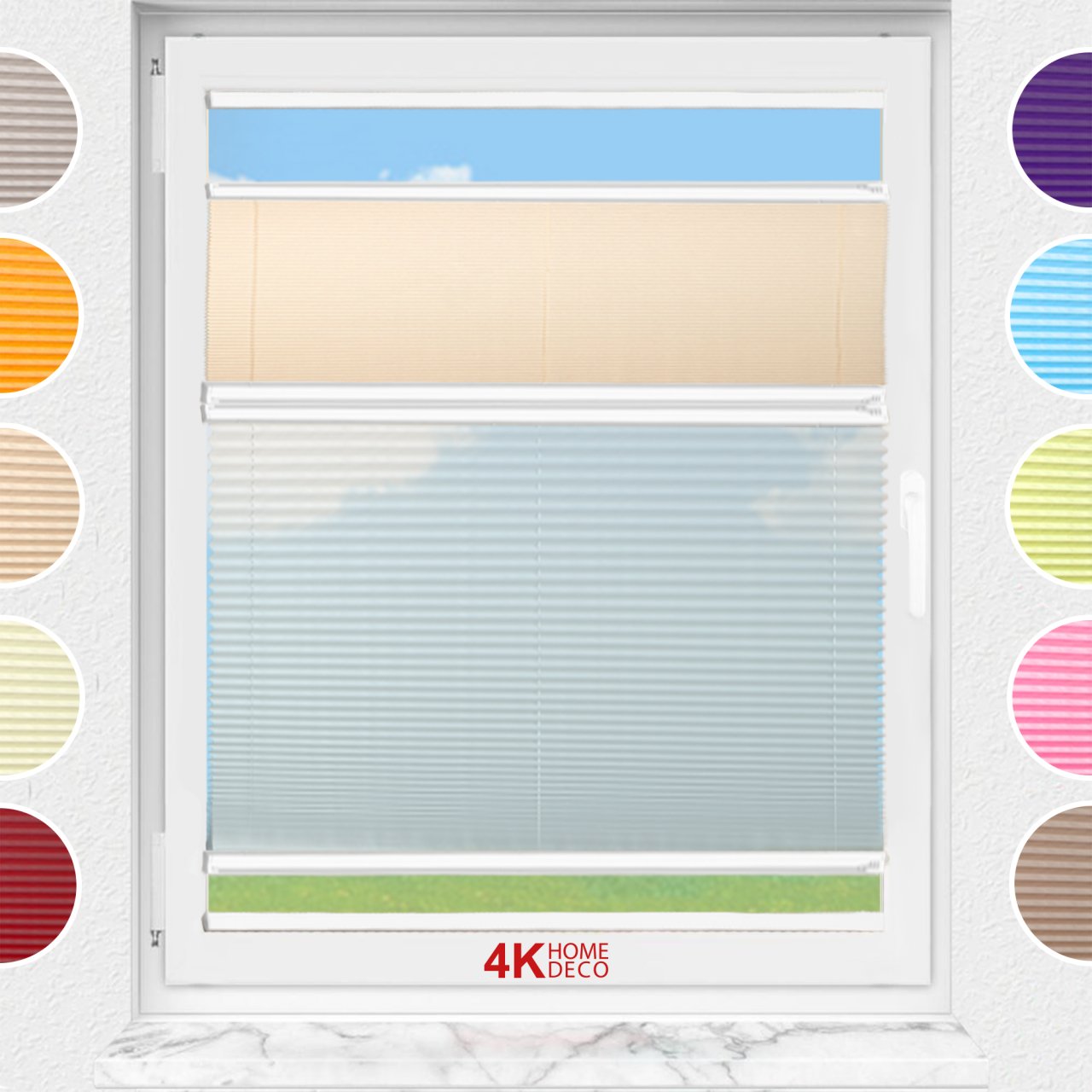 Gece Gündüz Yapıştırmalı Plise Perde (Desenli Kumaş) Abelia-Bej -69 - Beyaz