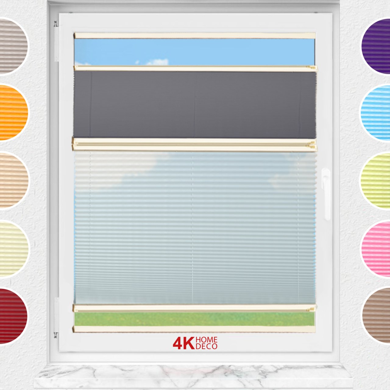 Gece Gündüz Yapıştırmalı Plise Perde (Desenli Kumaş) Lotus-Antresit Gri -2421 - Krem