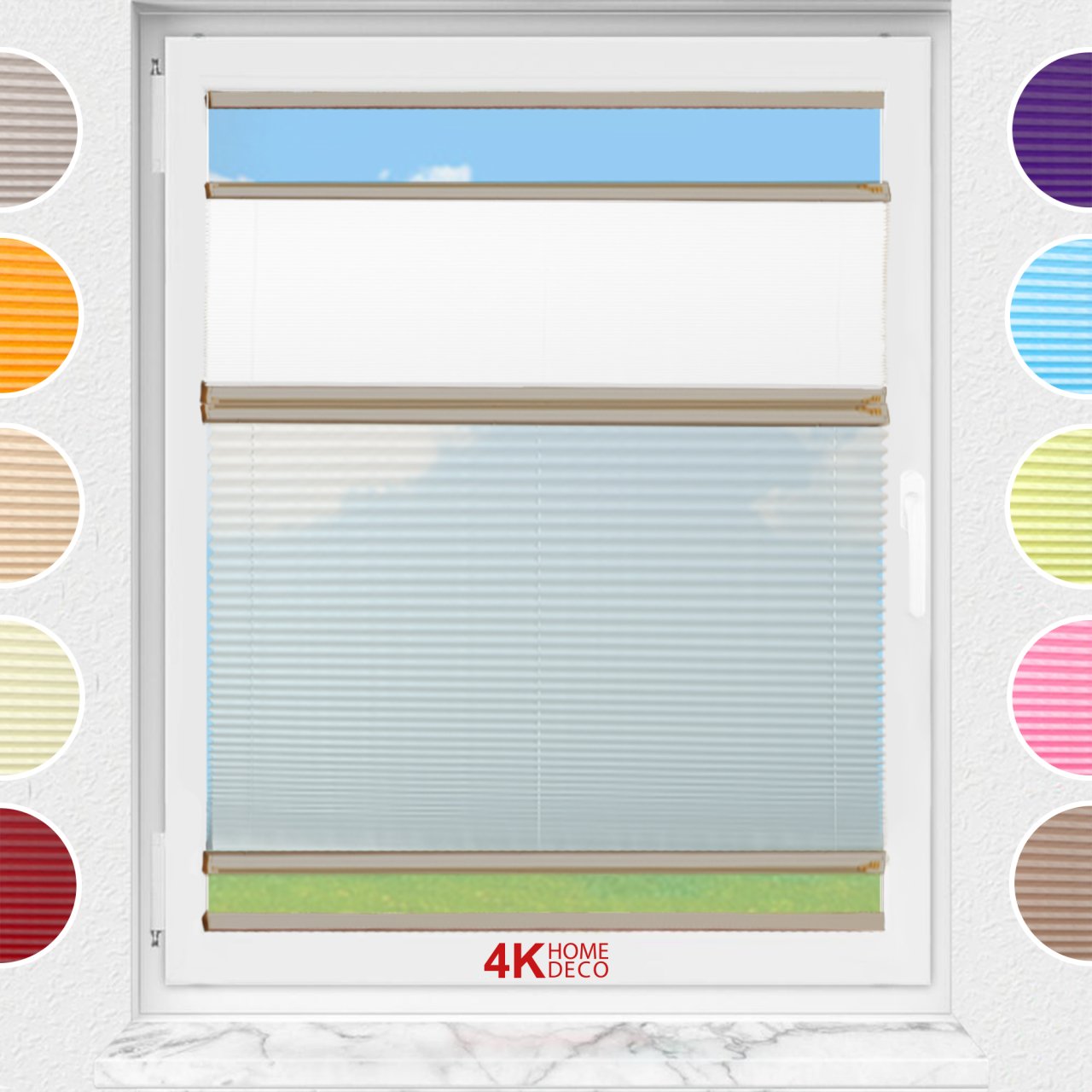 Gece Gündüz Yapıştırmalı Plise Perde (Desenli Kumaş) Lotus-Beyaz-01 - Bronz