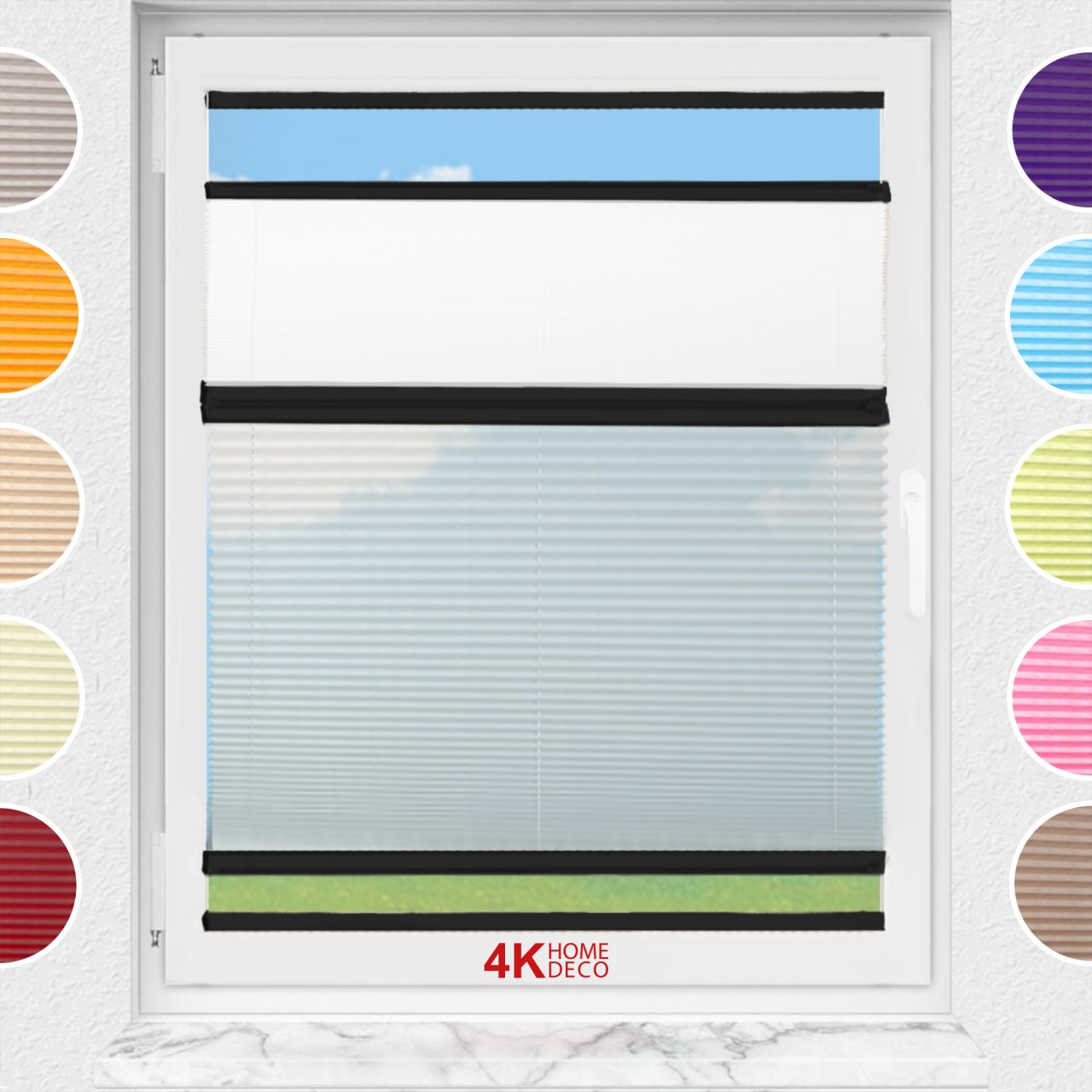 Gece Gündüz Yapıştırmalı Plise Perde (Desenli Kumaş) Lotus-Beyaz-01 - Siyah