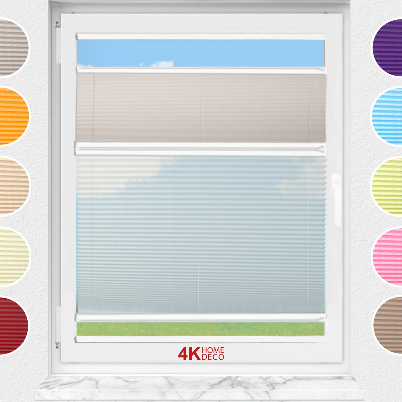 Gece Gündüz Yapıştırmalı Plise Perde (Desenli Kumaş) Lotus-Kül Gri -3078 - Beyaz