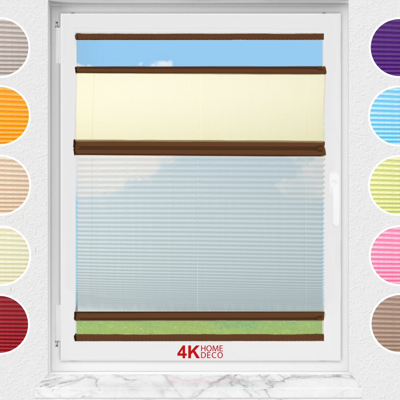 Gece Gündüz Yapıştırmalı Plise Perde (Desenli Kumaş) Lotus-Sarı -726 - Kahverengi