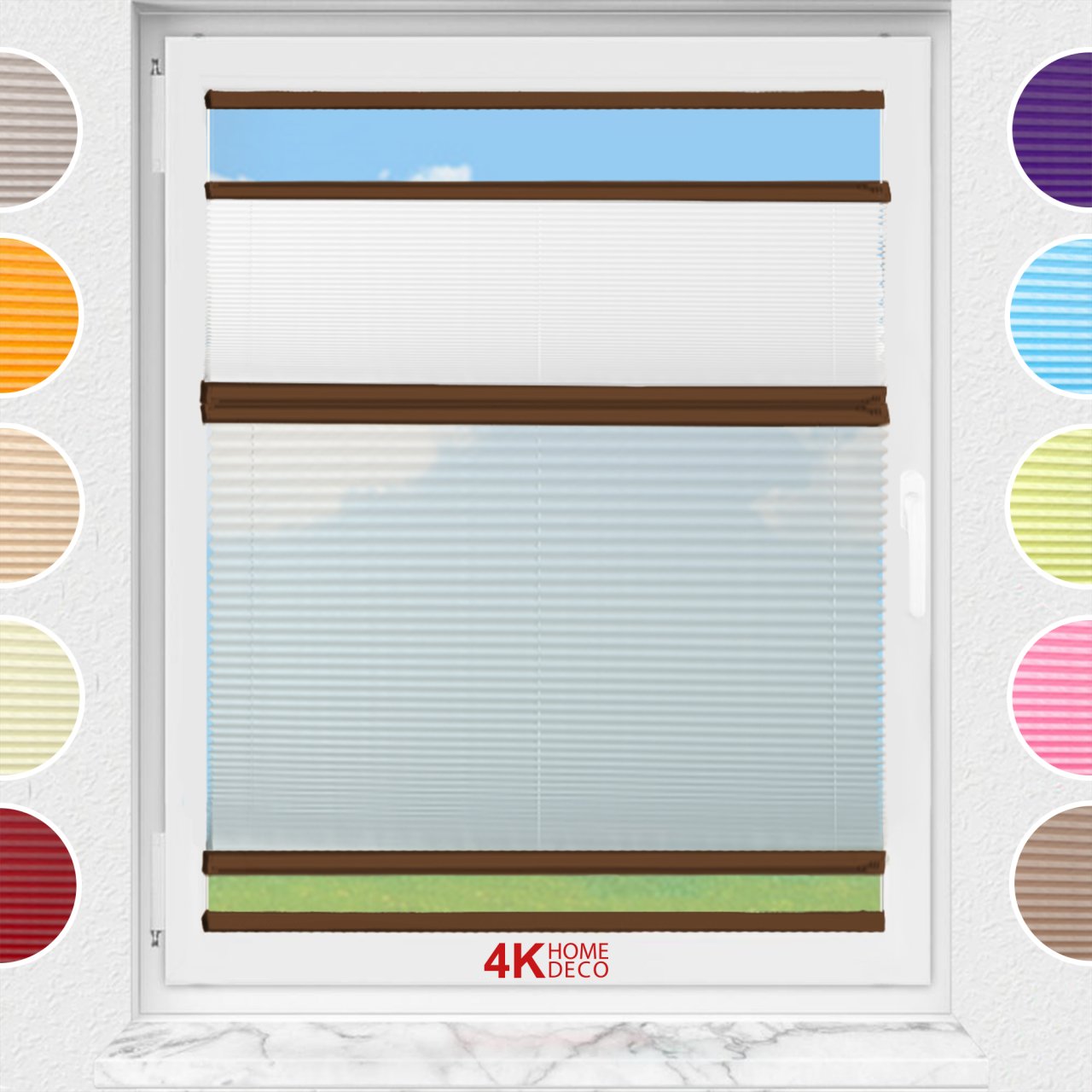 Gece Gündüz Yapıştırmalı Plise Perde (Düz Kumaş) Violet-Beyaz 01 - Kahverengi